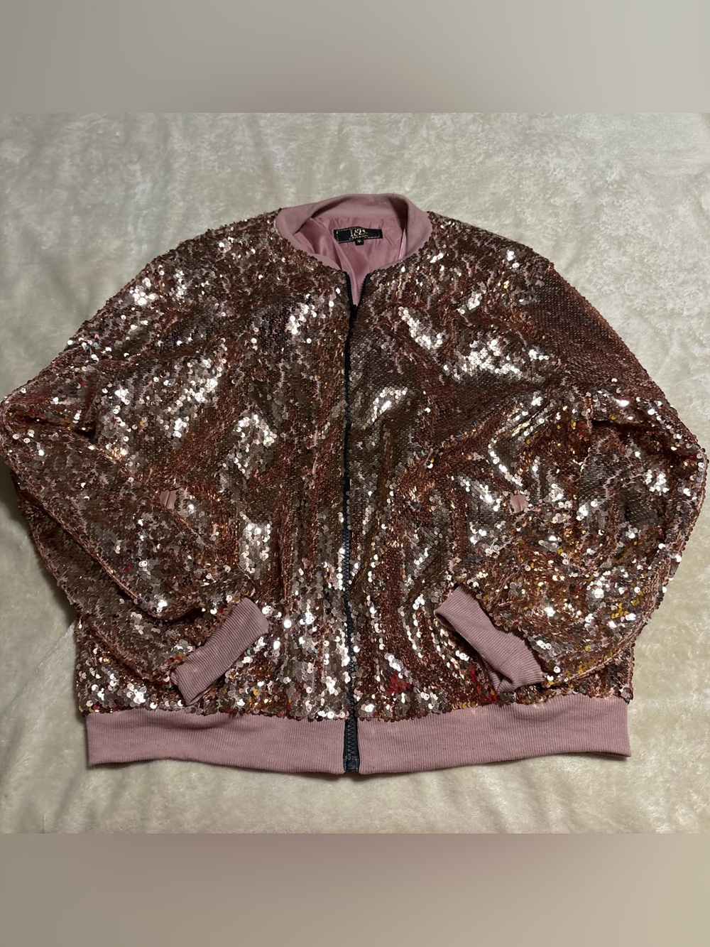 Pink Sequin Bomber Jacket with Rib Trim